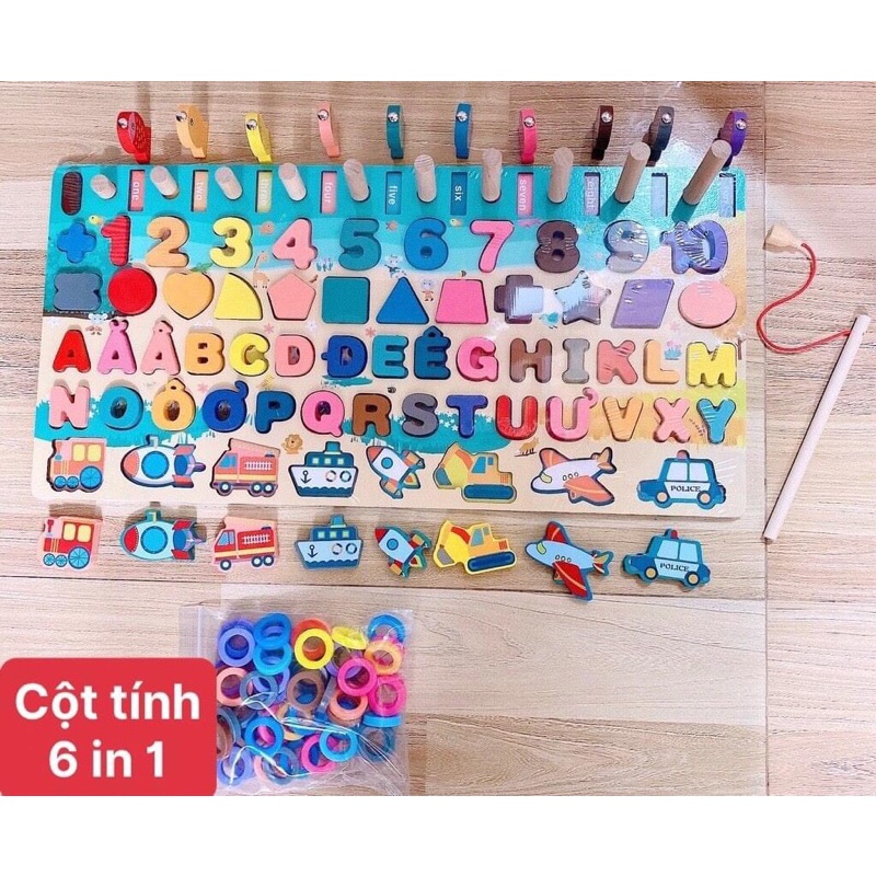 Đồ chơi trí tuệ - Bảng gỗ 6 in 1 - Bảng câu cá đa năng, số đếm, chữ cái, hình khối, phương tiện Tiếng Việt tư
