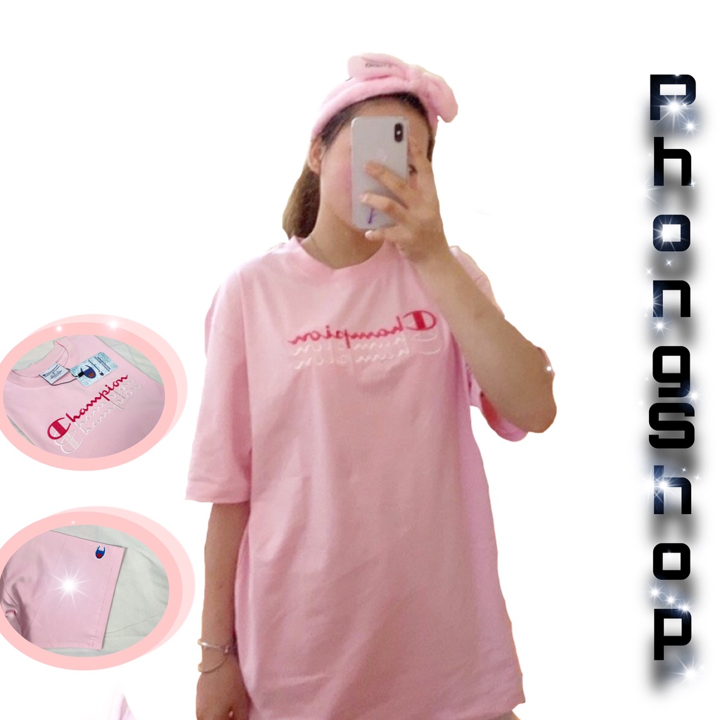 Áo thun Champion Logo thêu 3 line, Áo thun Unisex tay lỡ nam nữ Form rộng Oversize chất Cotton | BigBuy360 - bigbuy360.vn