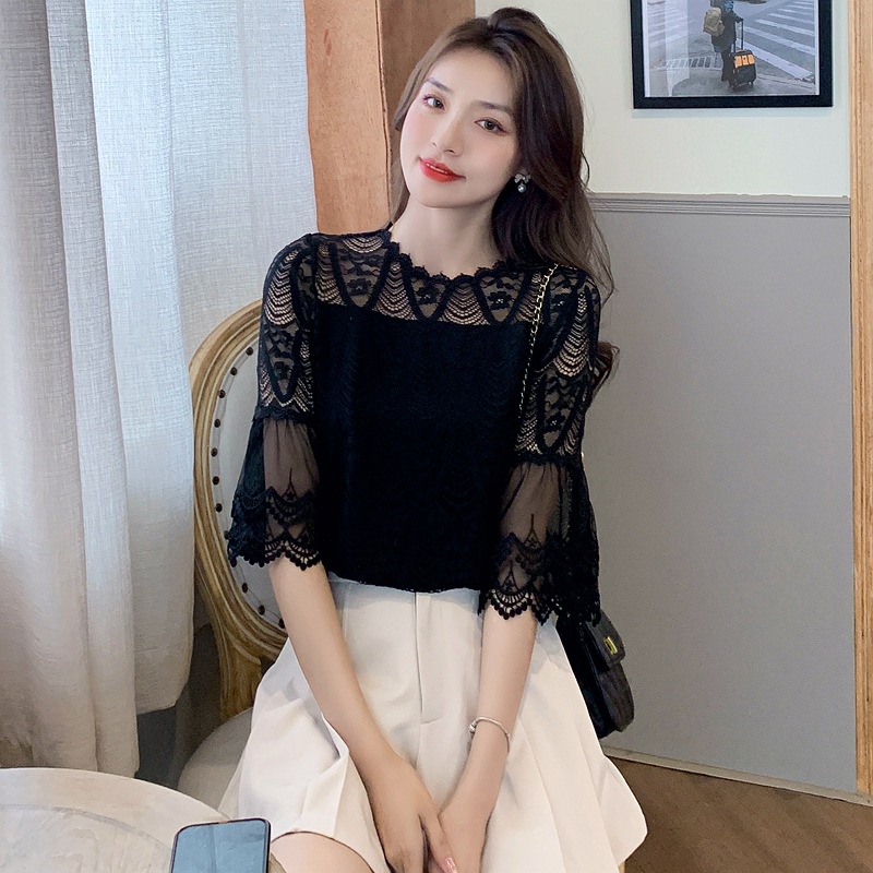 Áo Chiffon Nữ Phối Ren áo sơ mi ren nữ áo ren tay ngắn
