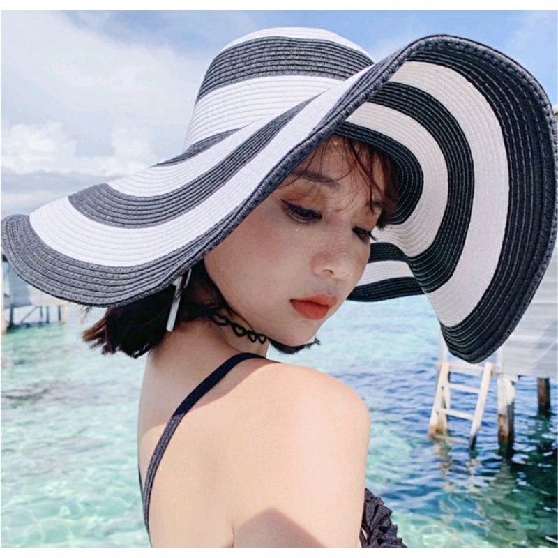 Mũ đi biển gấp gọn sọc trắng đen thời trang nón rộng vành cho nữ Lh0917399527