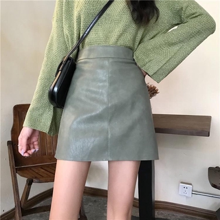 Chân váy da ngắn dáng chữ A lưng cao màu xanh lá D020