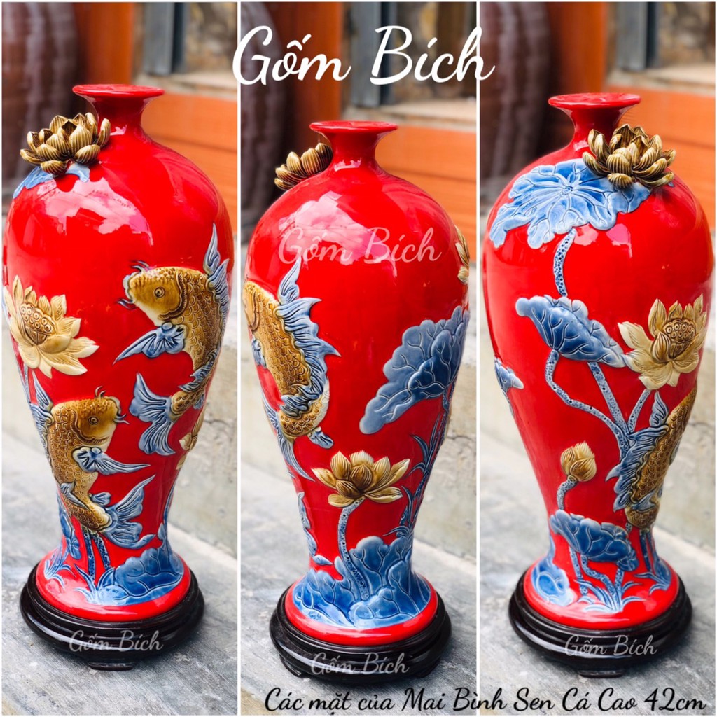 Mai Bình Hút Lộc Cao 42cm Sen Cá Niên Niên Hữu Dư Cả Năm Dư Thừa Đắp Nổi Gốm Sứ Bát Tràng Cao Cấp