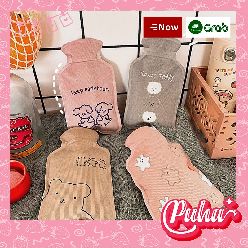 Túi chườm nóng lạnh mini Puha đa năng chườm bụng sưởi ấm tay chân 200ml , teddy xám