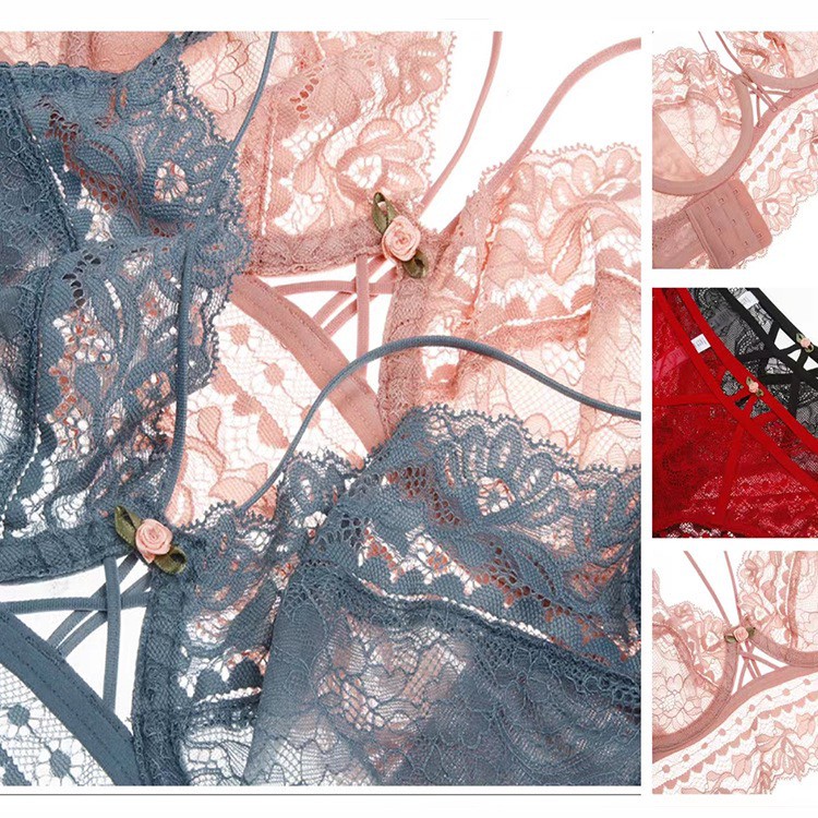 Bộ đồ lót B047 Charm đính hoa dây chéo có gọng không mút