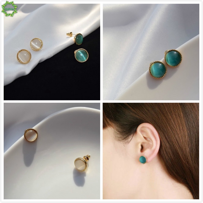 Đôi bông tai xỏ lỗ đính đá opal hình tròn retro cho nữ