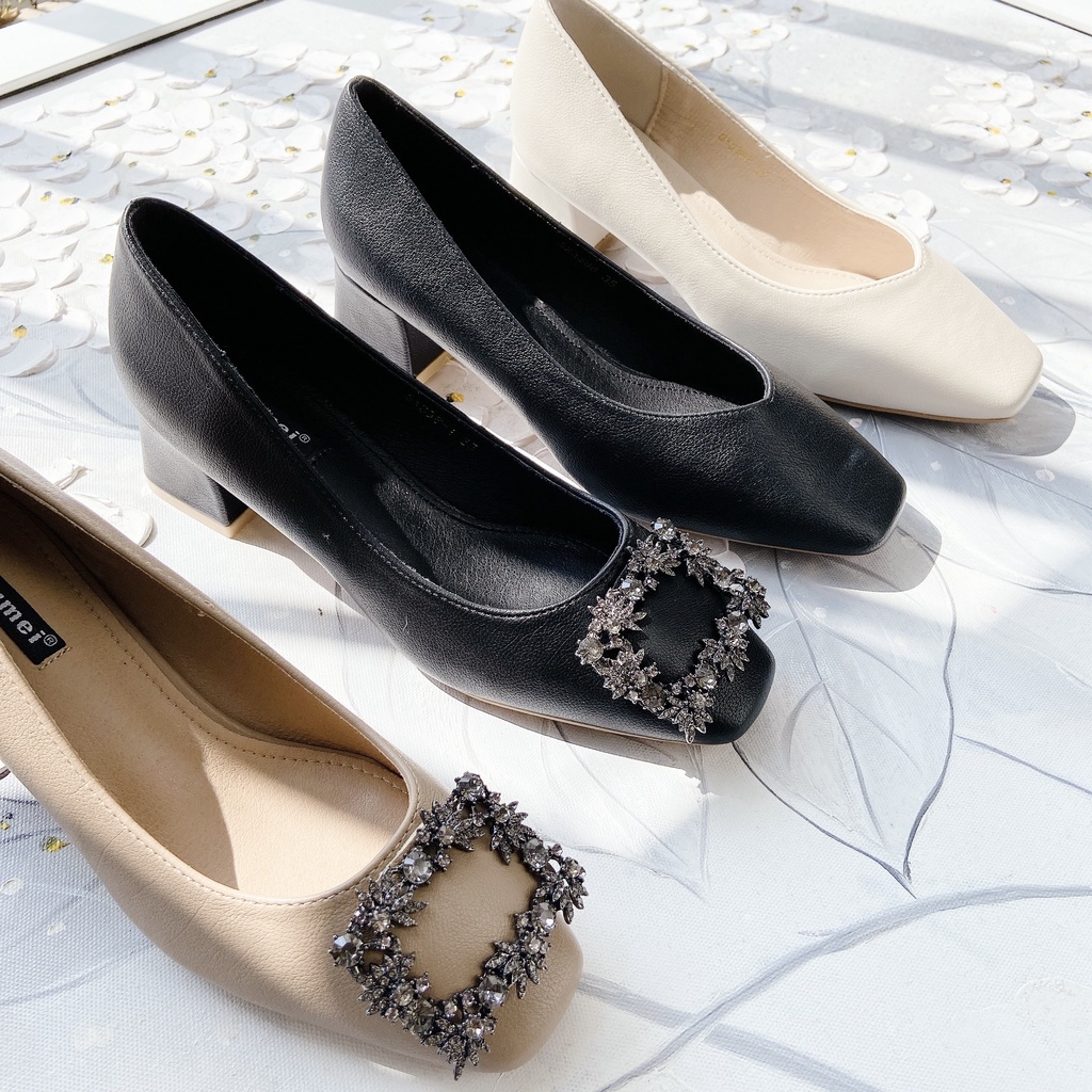 Giày Cao Gót Nữ Mũi Tròn, Giày Cao Gót 5 Phân, Charm Đá Vuông, Kiểu Dáng Công Sở Basic_DA723