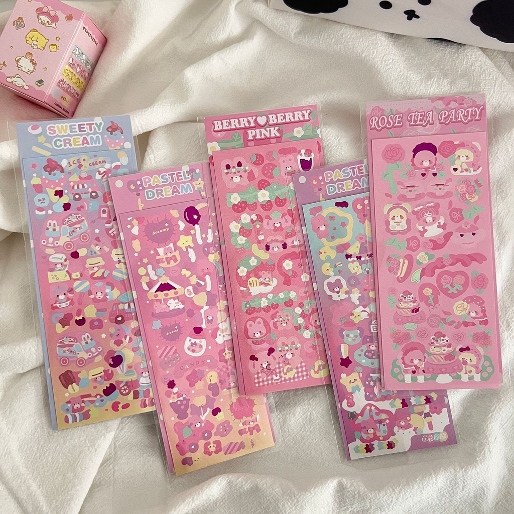 Sticker dán trang trí hình gấu màu hồng chống thấm nước dễ thương