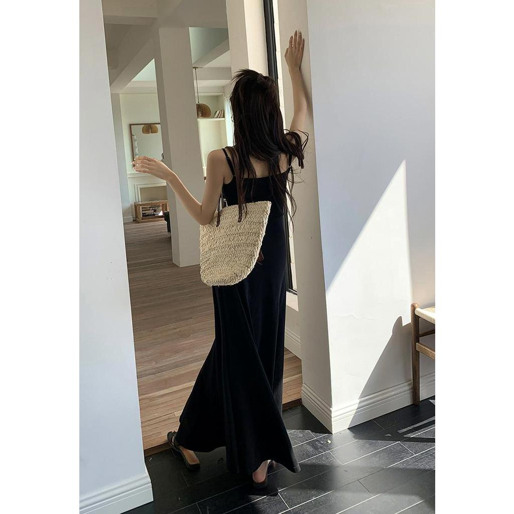 Đầm Hai Dây Dáng Dài Màu Đen / Xám Đơn Giản Thời Trang Cho Nữ 63430