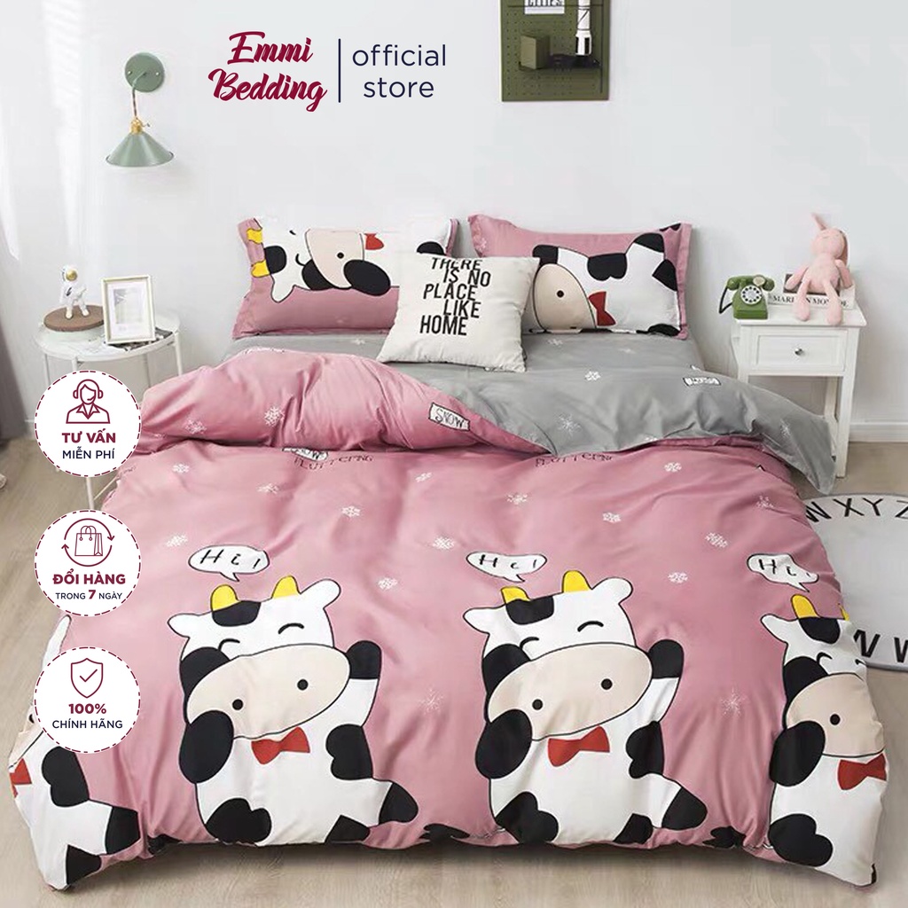 Chăn ga gối Emmibedding chất liệu cotton poly họa tiết bò hồng đáng yêu đủ size miễn phí bo chun