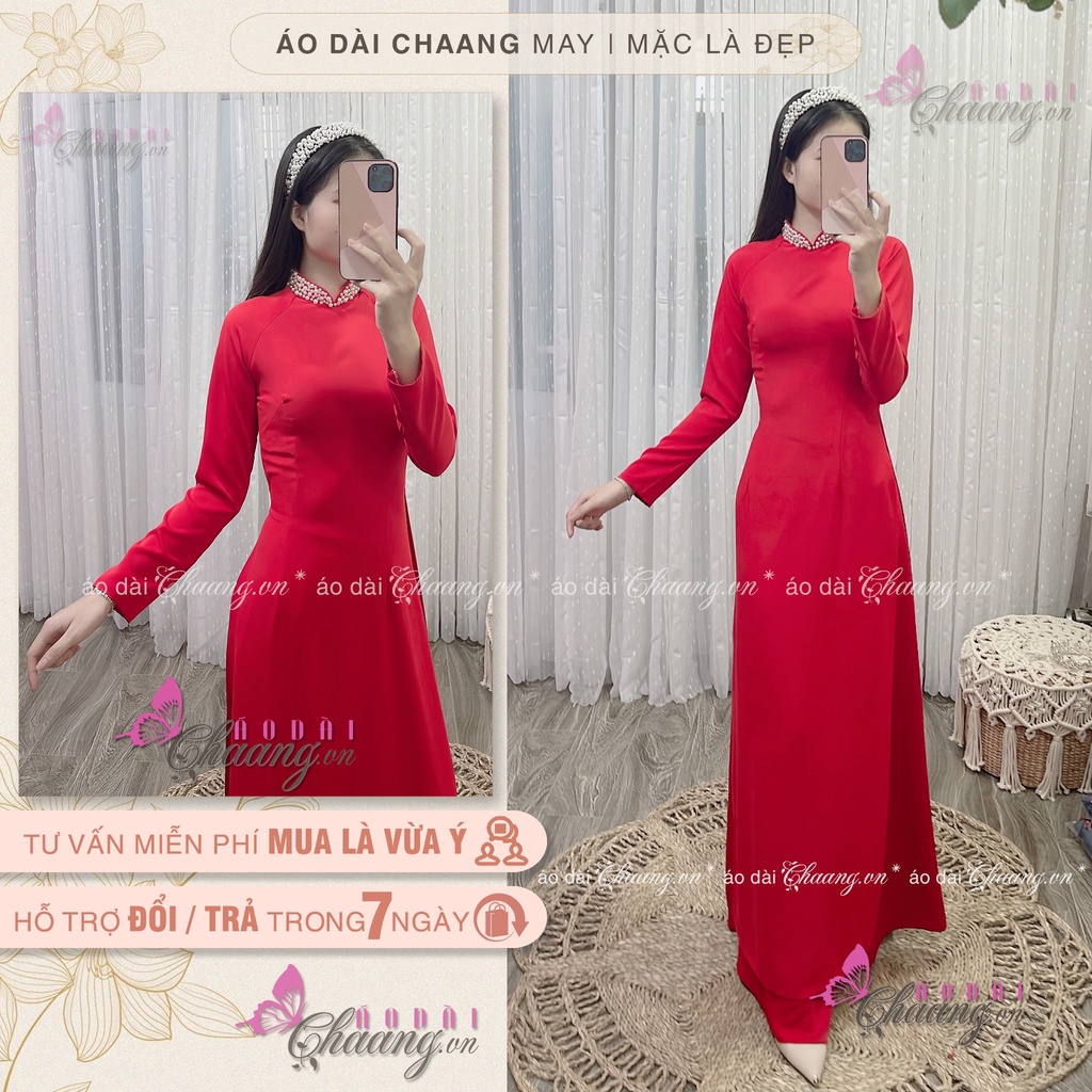 Áo Dài Đỏ Truyền Thống May Sẵn Thiết Kế Đính Tủa Cổ Phủ Ngọc Đẹp Cao Cấp