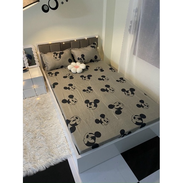 Bộ chăn ga gối micky nâu cotton poly, set chăn ga gối micky cotton poly miễn phí bo chun ga giường