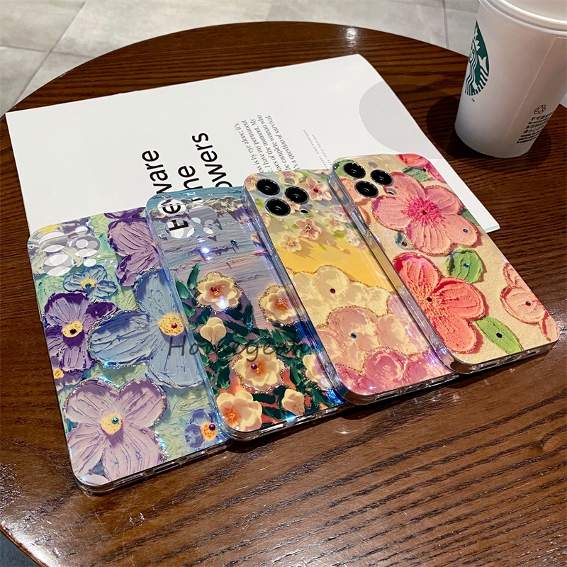 Ốp Điện Thoại Mềm Bo Viền Họa Tiết Tranh Sơn Dầu Đính Đá Blu-ray Cho iPhone 11 12 13 Pro Max X XR Xs Max