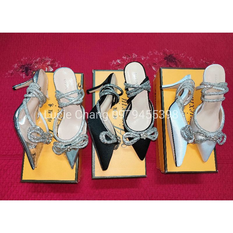Giày cao gót lụa kết nơ đá quai đá tiểu thư cực kỳ đẹp trắng hồng đen nude mica trong 7p 9p 11p