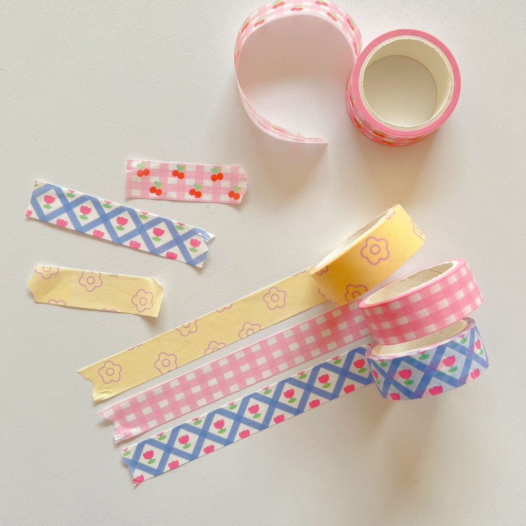 Cuộn băng keo giấy in ô vuông cherry dễ thương phong cách Hàn Quốc diy