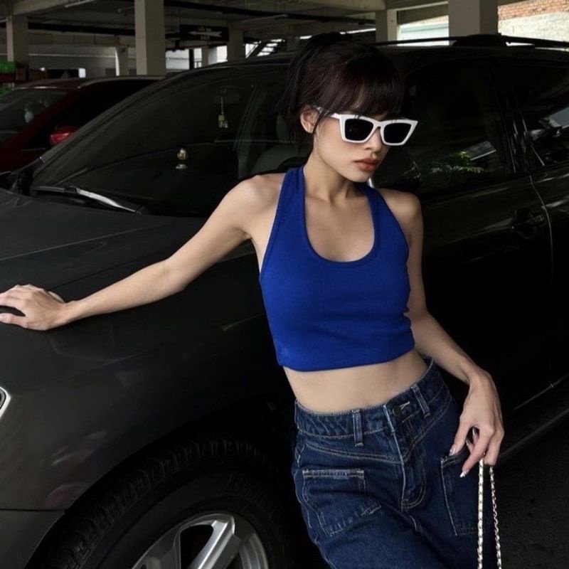 Siêu rẻ! Áo croptop hở lưng choàng dây dáng ôm  - áo ba lỗ cổ yếm nữ trơn