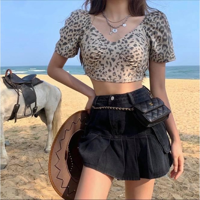 Áo kiểu croptop ôm body kiểu nữ tay ngắn da beo - Order taobao quảng châu