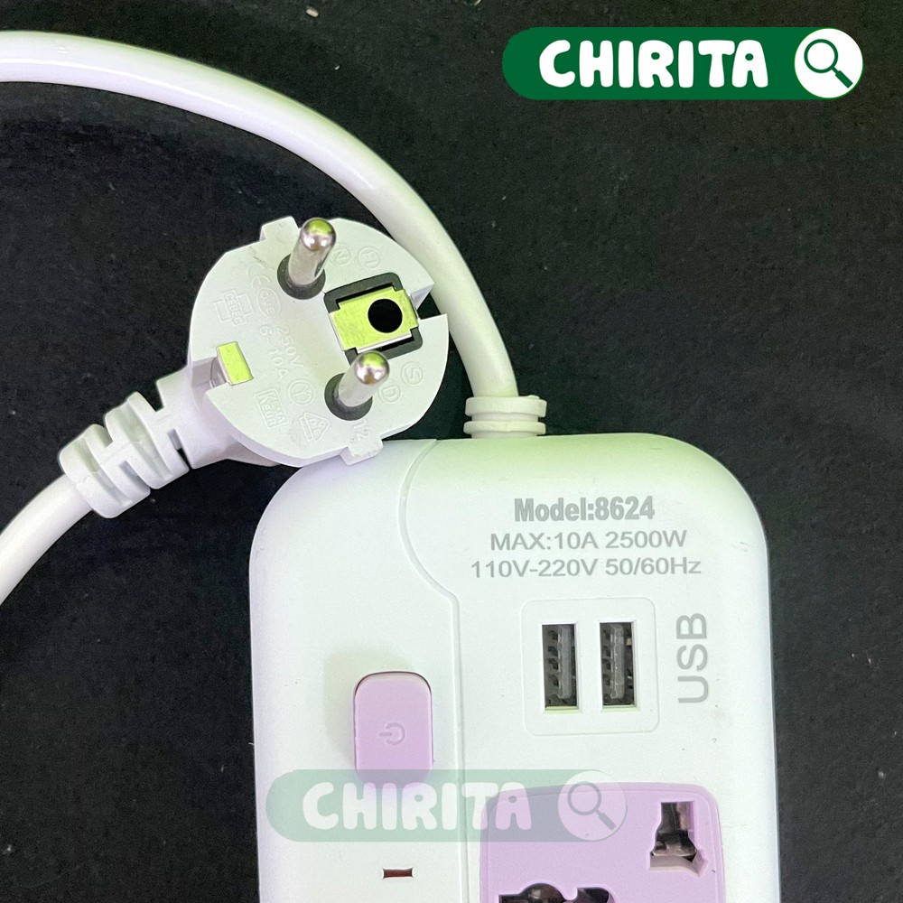 Ổ Cắm Điện Đa Năng (8624) 4 Phích Cắm Và 2 Cổng USB - Ổ Điện Chống Giật Thông Minh - CHIRITA