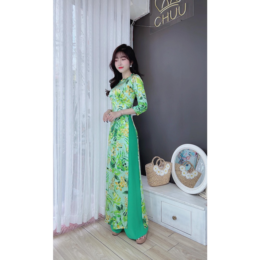 Áo dài hoa cách tân nữ cổ tròn đính nút bọc sang trọng không kèm quần CHUU AD8014