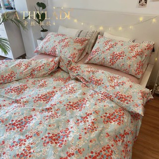 Chăn ga gối cotton living hàn quốc phối nơ "cherry đỏ" 4 món