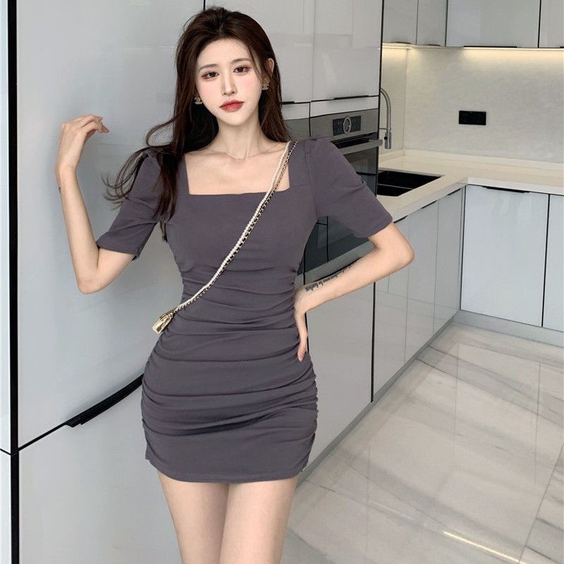 Đầm Ngắn Ôm Eo Tay Phồng Cổ Vuông Xếp Ly Màu Trơn Phong Cách Thời Trang Mới Dành Cho Nữ