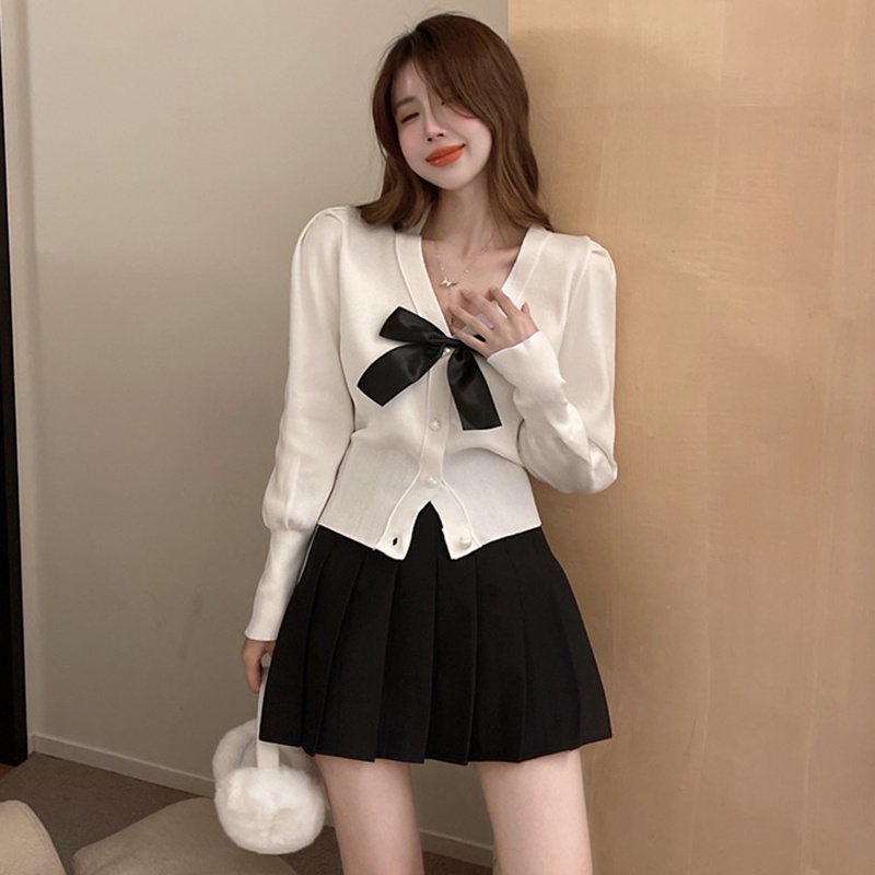Áo khoác cardigan ZHELIHANGFEI dệt kim tay dài dáng ôm đính nơ xinh xắn thời trang