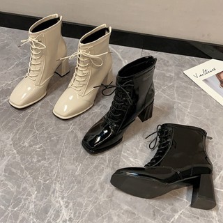 Boots da bóng mũi vuông cao gót 7cm buộc dây