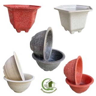 Chậu nhựa giả đá hình tròn và hình lục giác màu trắng, đen, đỏ - Chậu nhựa trồng cây - Chọn loại