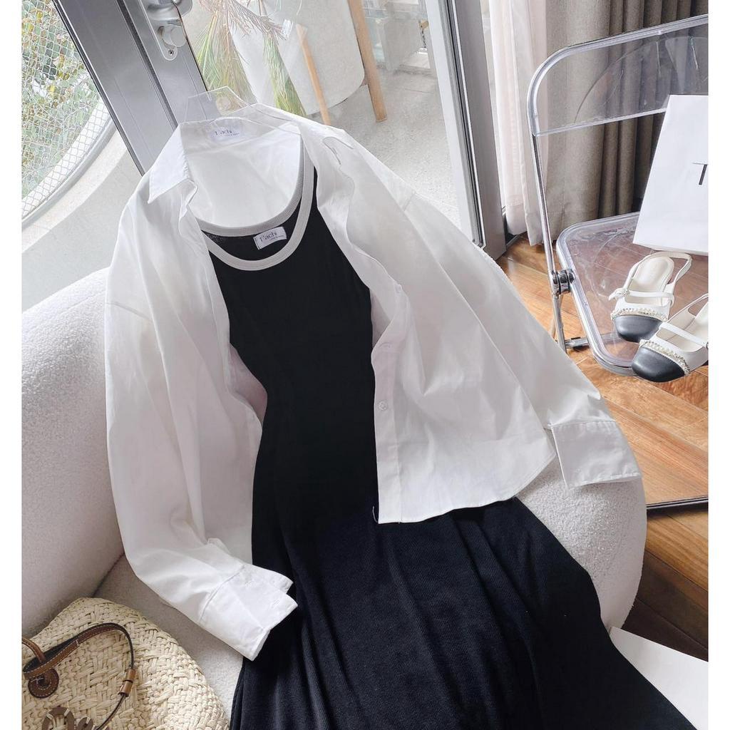 SET ĐẦM ĐEN MIDI 2 DÂY VIỀN TRẮNG + SƠ MI TRẮNG
