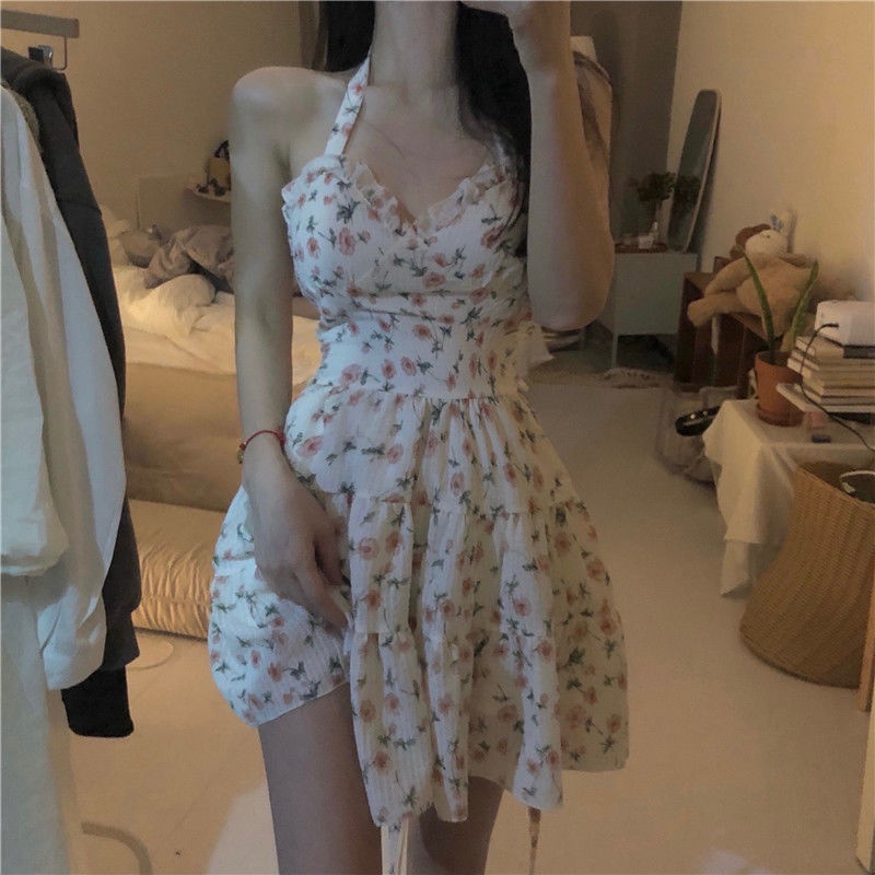 Hàng Mới Về Đầm Ngắn Hai Dây Eo Cao In Họa Tiết Hoa Hồng Thời Trang Mùa Hè Kiểu Pháp Cho Bạn Gái