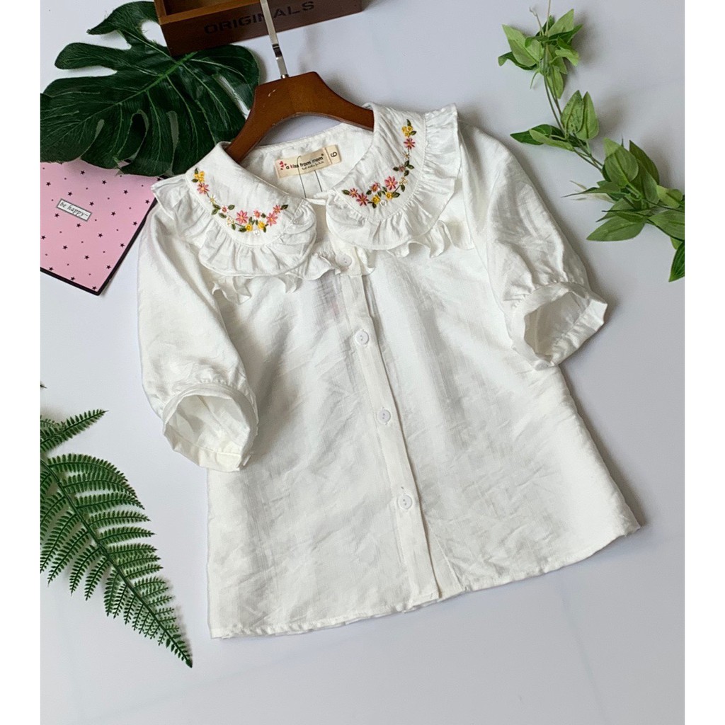 Áo sơ mi bé gái 6-12 tuổi tay lỡ thêu hoa, Sơ mi trắng cho bé vải thô đũi mềm mát