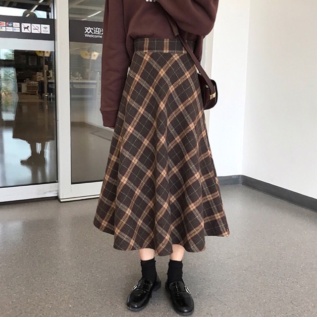 Chân váy dạ kẻ dáng dài vintage. Chân váy dài xoè ulzzang style - Hàng mới về