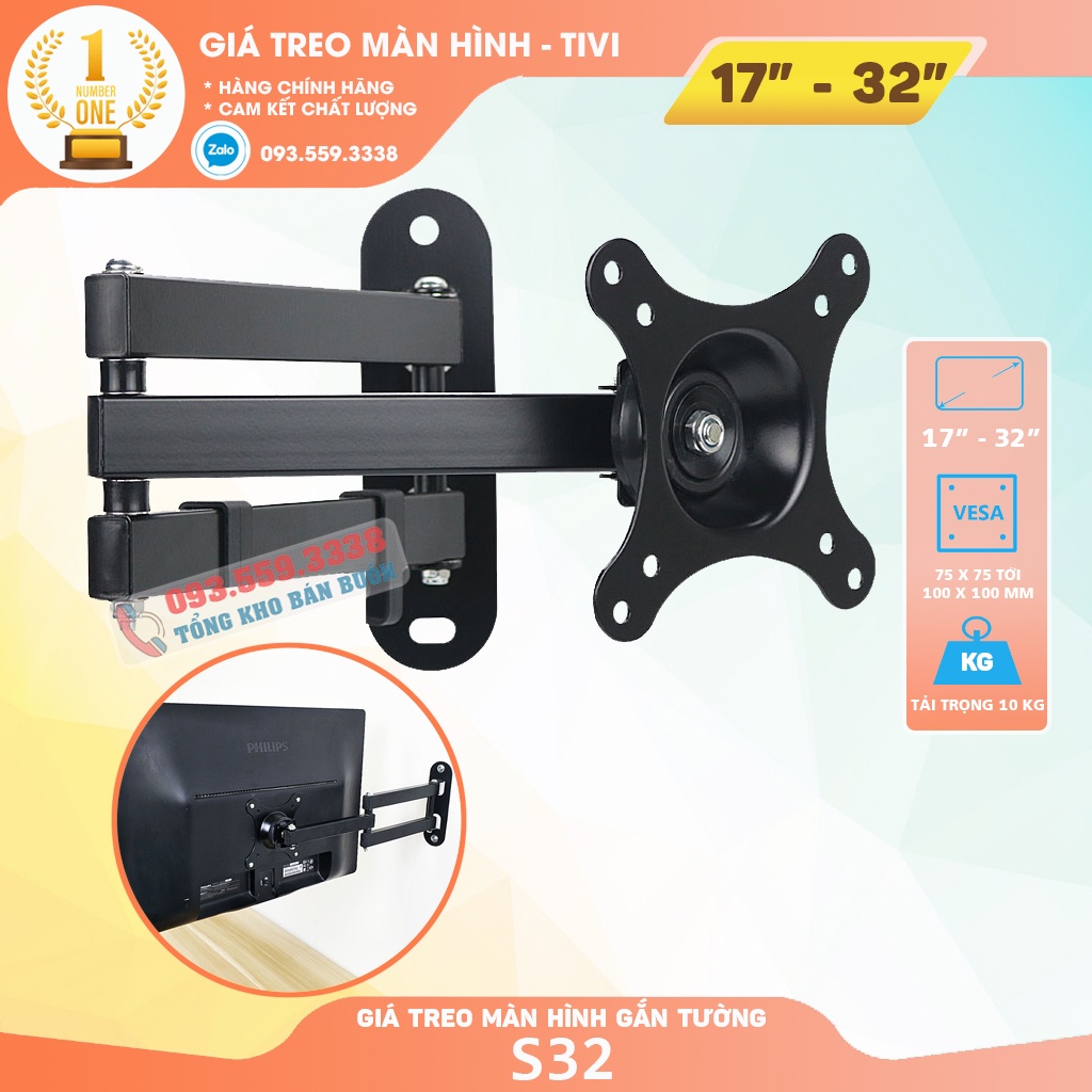 Giá Treo Màn Hình Máy Tính Gắn Tường S32 14 - 17 - 23 - 29 - 32 Inch - Giá Treo Tivi Xoay 360 Độ Tiện Lợi Khi Sử Dụng