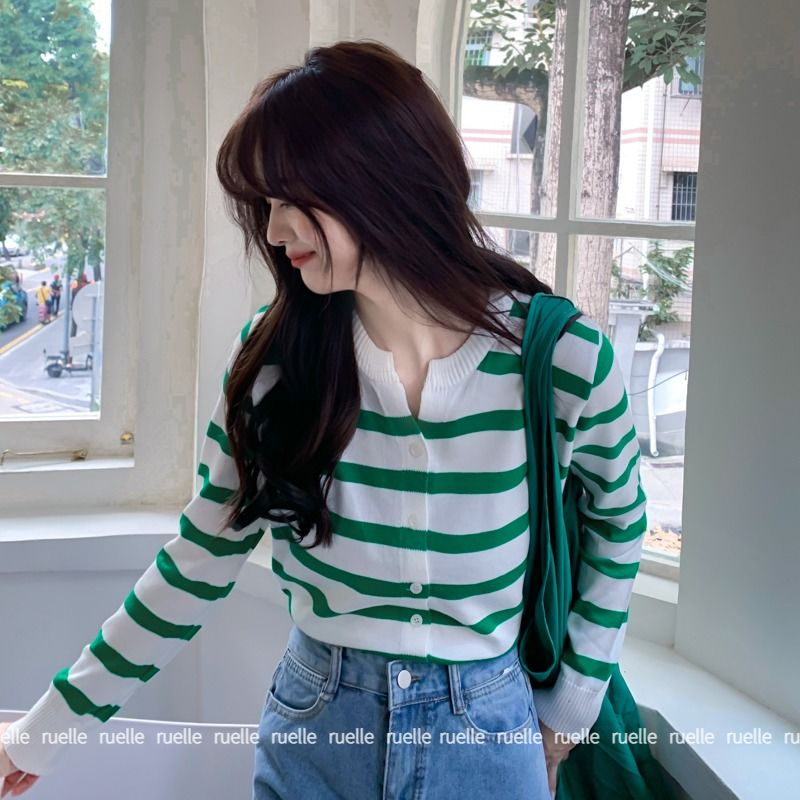 Áo Khoác Cardigan Dệt Kim Tay Dài Dáng Rộng Họa Tiết Kẻ Sọc Thời Trang Hàn Quốc Mới Cho Nữ