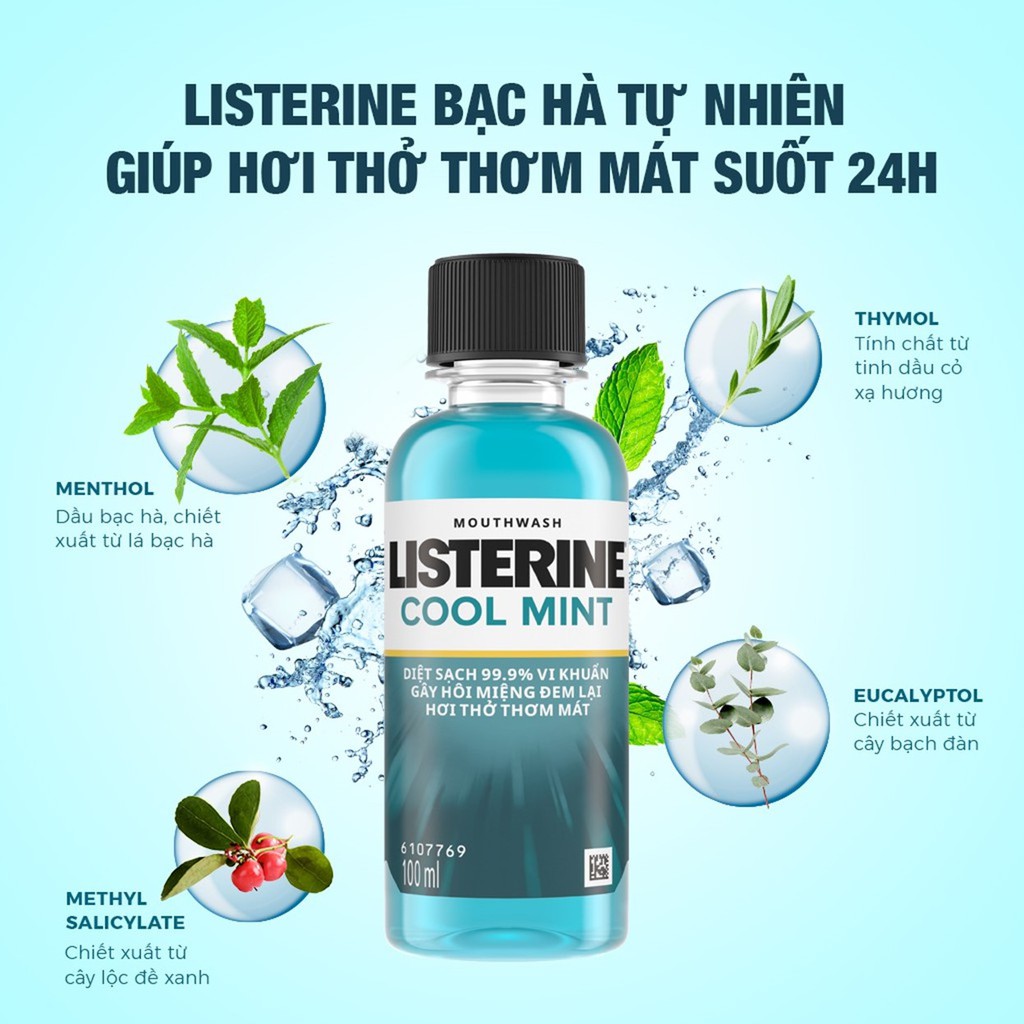 Bộ 3 Chai Nước Súc Miệng Listerine Diệt Khuẩn, Giữ Hơi Thở Thơm Mát Listerine Coolmint Mouthwash 100ml/Chai