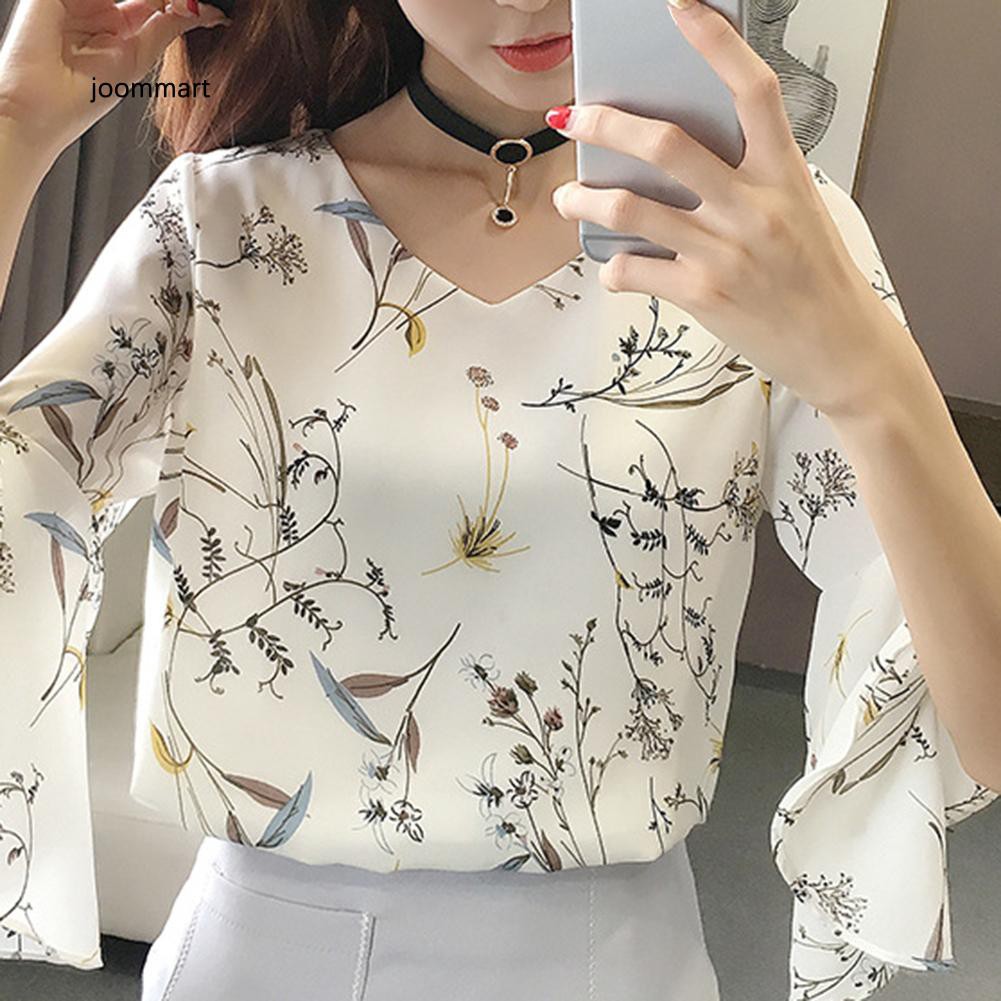 Áo Sơ Mi Chiffon Tay Lỡ Cổ Chữ V In Họa Tiết Hoa Thời Trang Công Sở Cho Nữ
