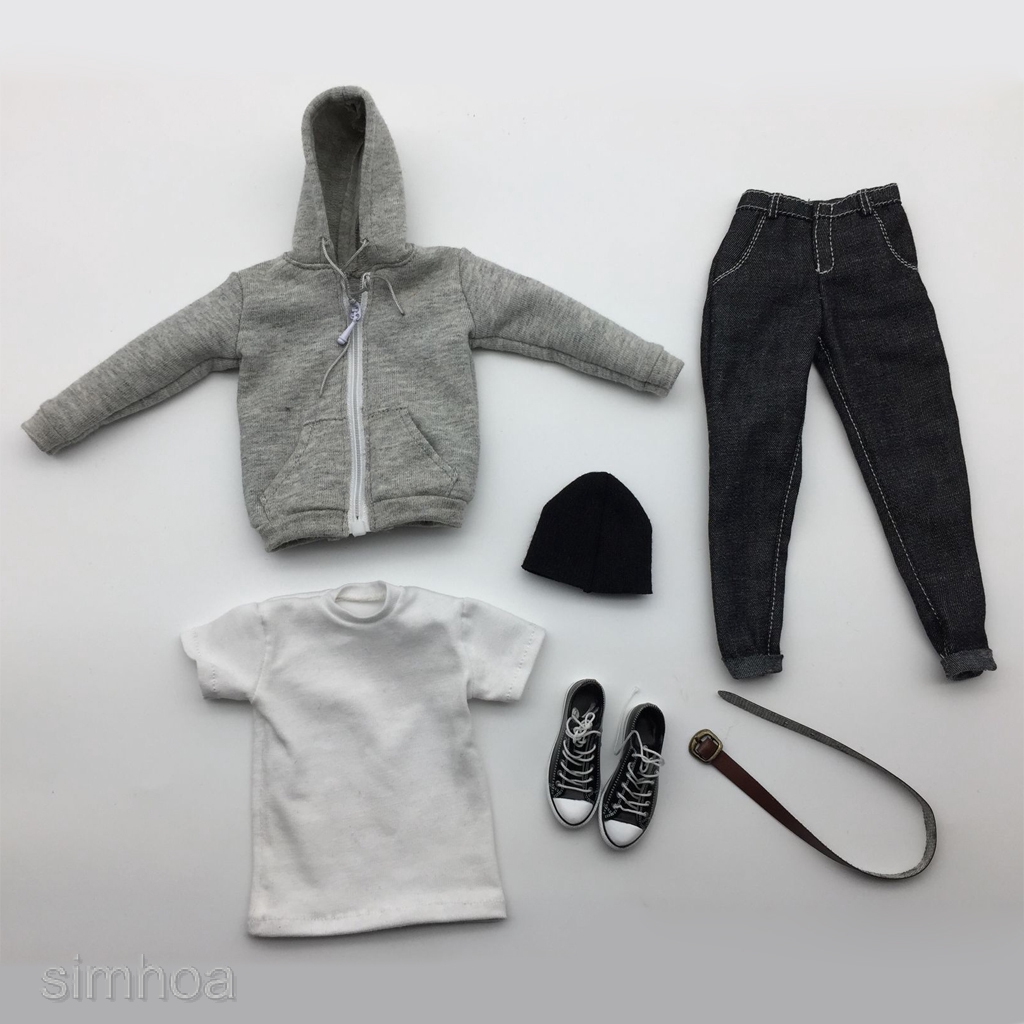 [SIMHOA] 1:6 Scale Male Mens Clothes Hoodie T-shirt Jeans Belt Cap Canvas Shoes Set