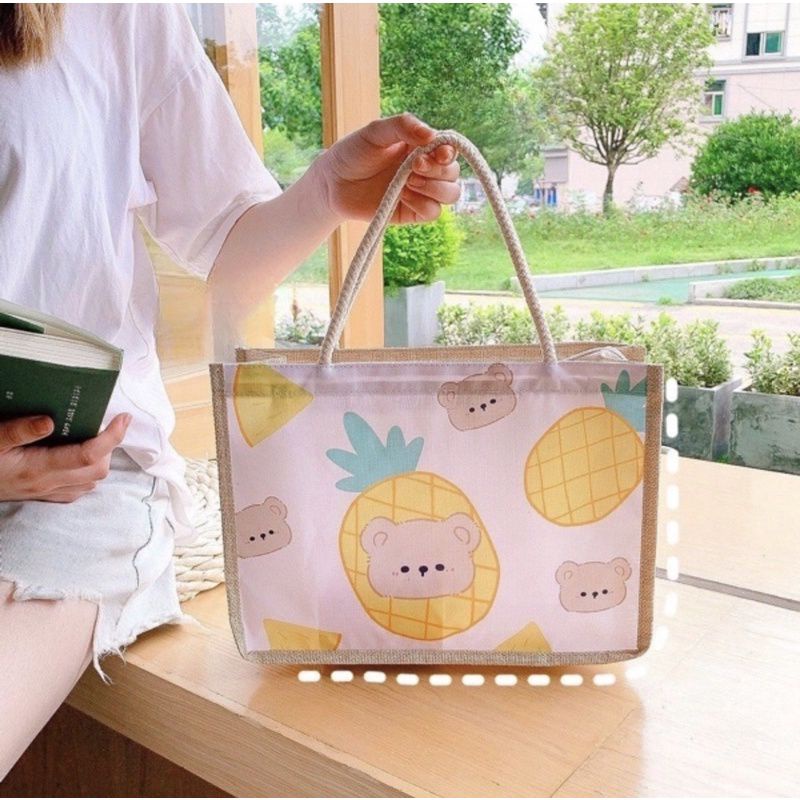 túi cói tote phối vải hoạ tiết 3d có khoá kéo