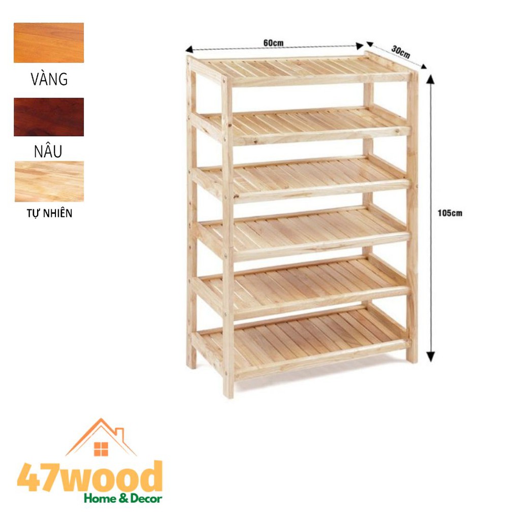 Kệ dép gỗ cao su kích thước 6 tầng rộng 60cm - Gía để giày dép 47wood