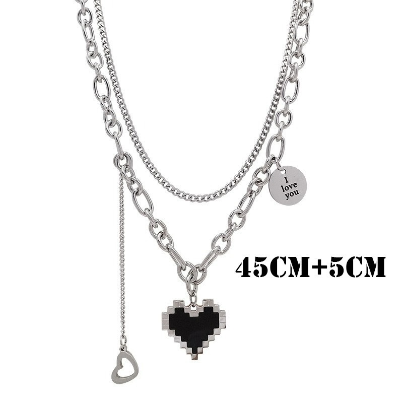 Vòng Cổ Hai Lớp Mặt Trái Tim Mosaic Màu Đen Phong Cách Punk Cổ Điển Thời Trang Cho Nữ