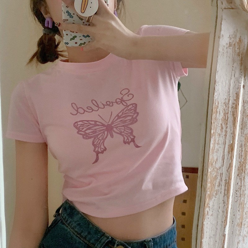 áo croptop màu hồng  hình bướm xinhhh