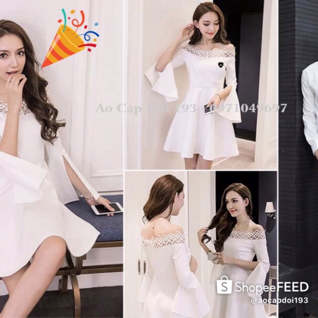 Áo đôi 🎀{Freeship}🎀 Váy trễ vai ren tay áo loe + Somi nam