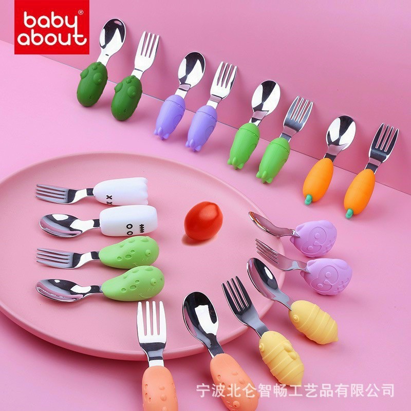 Bộ Thìa Nĩa cao cấp Baby About cho bé tập xúc cán ngắn siêu dễ thương