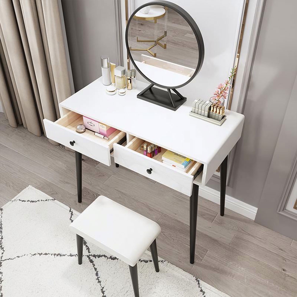 Bộ bàn trang điểm phòng ngủ 2 ngăn kéo IBIE Marta có gương tròn, mặt gỗ MDF sơn PU, chân sắt ống col sơn tĩnh điện