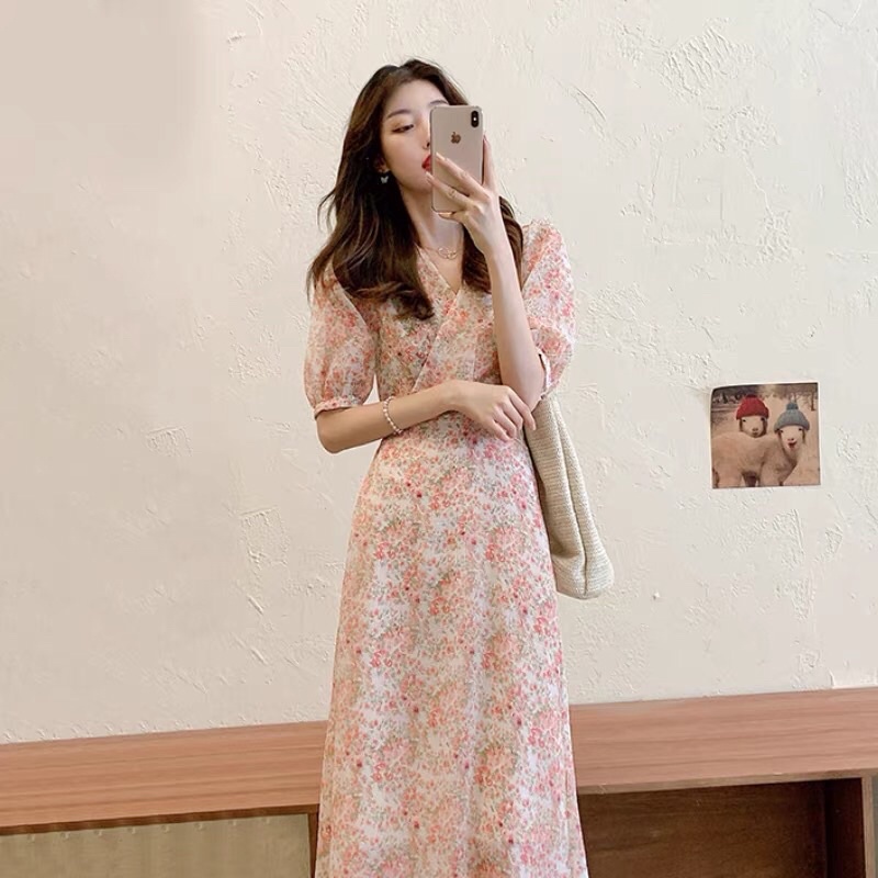 Váy Hoa Nhí Vintage Dáng dài, Đầm tay ngắn cổ V Hoạ tiết hoa vạt chéo thắt eo cho nàng xinh xắn