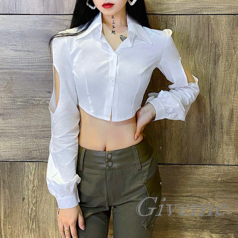 Áo Croptop Tay Dài Cổ Bẻ Màu Trơn Thời Trang Cho Nữ