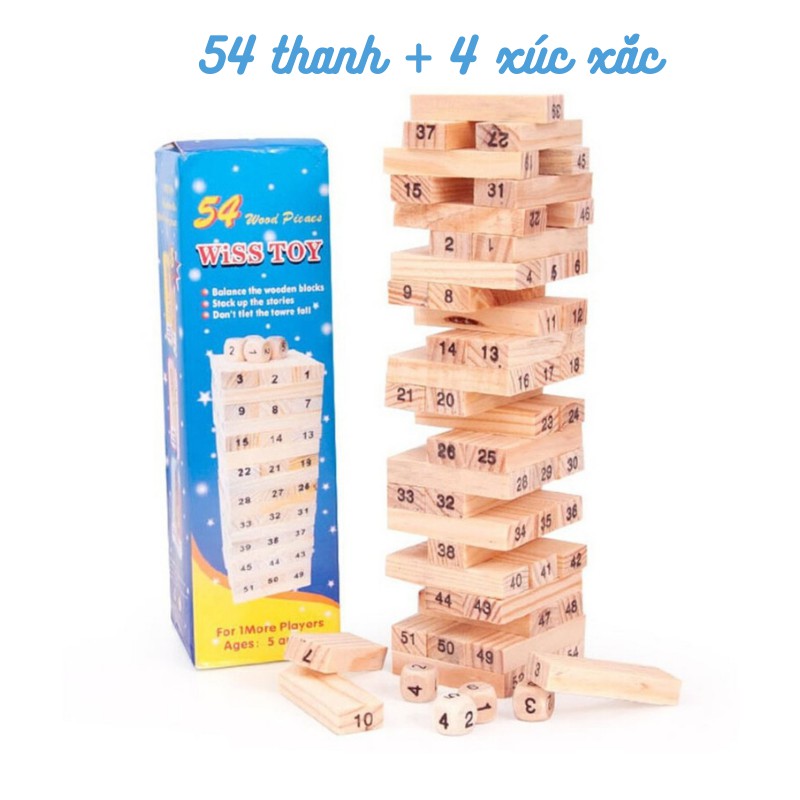Bộ đồ chơi rút gỗ xếp hình 54 thanh loại nhỏ kèm xúc xắc Wiss Toy