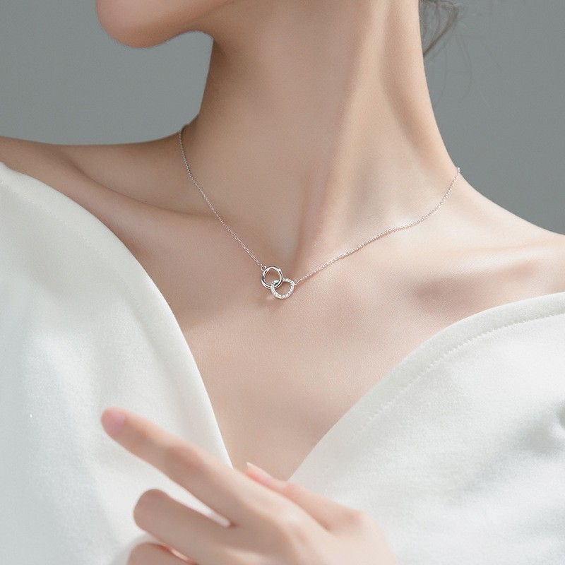 Dây chuyền bạc Ý s925 nhẫn đôi bất đối D7267 - AROCH Jewelry