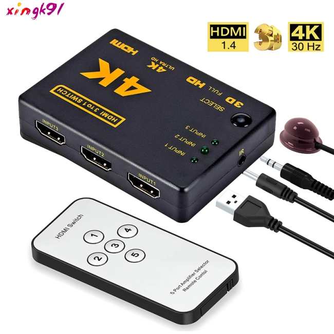 3 Port HDMI Splitter Switcher 3 In 1 Out Hub Box +Remote Auto Switch 1080P HD