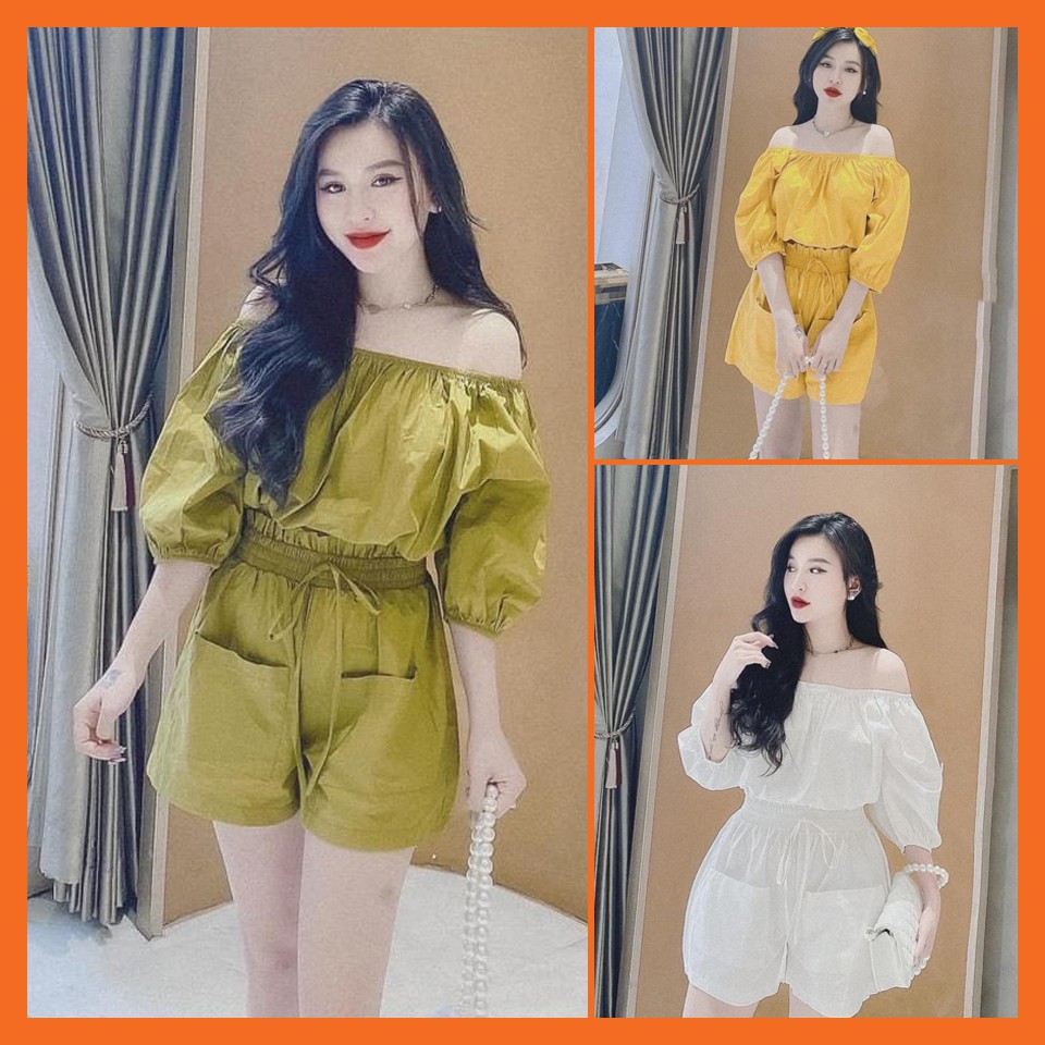 Đồ bộ nữ trễ vai bánh bèo tay ngắn, Set quần áo nữ kiểu: Áo bánh bèo Babydoll Mix Quần Sooc Mặc nhà đi chơi - SN01