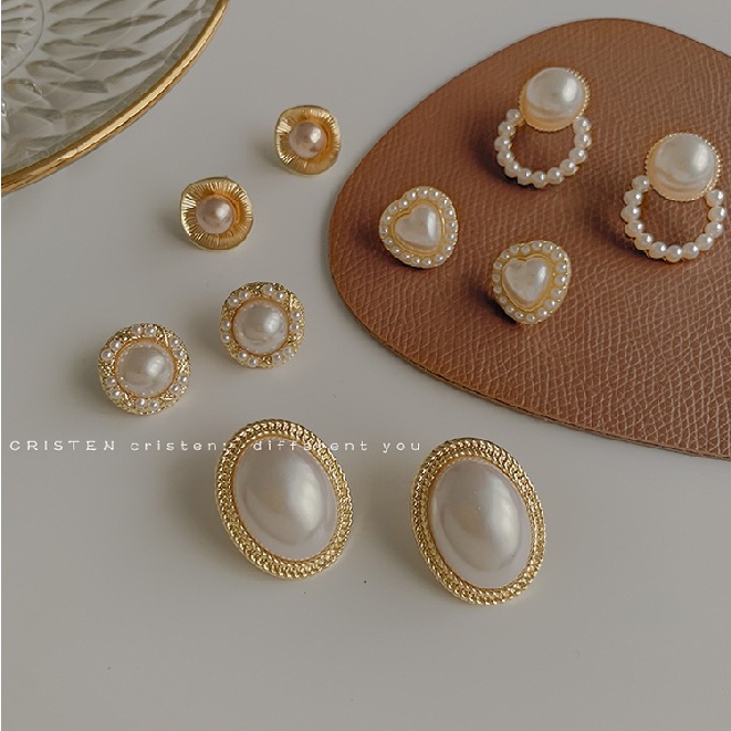 MOCHASHUĐôi khuyên tai MOCHASHU dạng xỏ đính hạt ngọc trai nhân tạo phong cách vintage thanh lịch thời trang Pháp